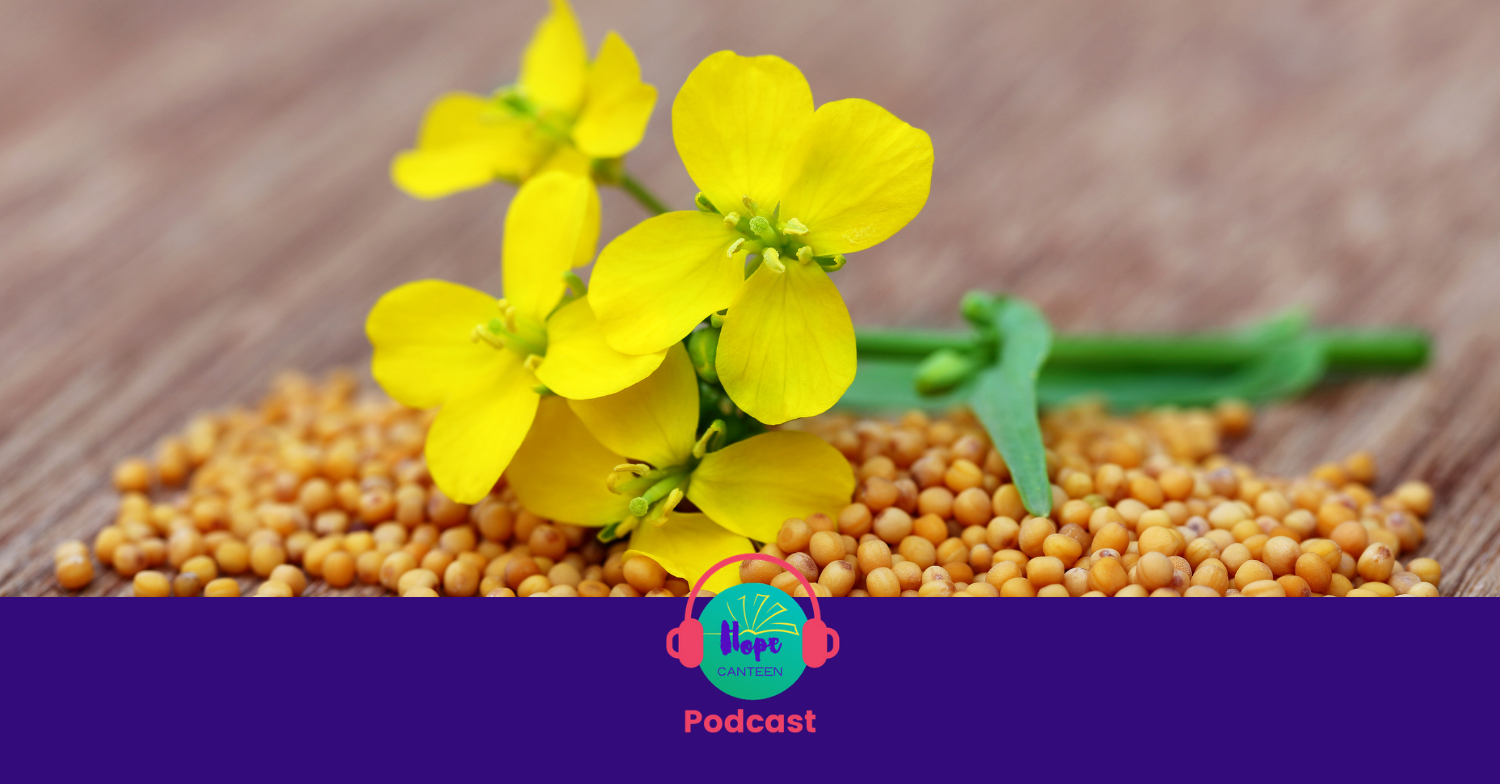 Mustard seeds and flowers with the Hope Canteen Podcast logo